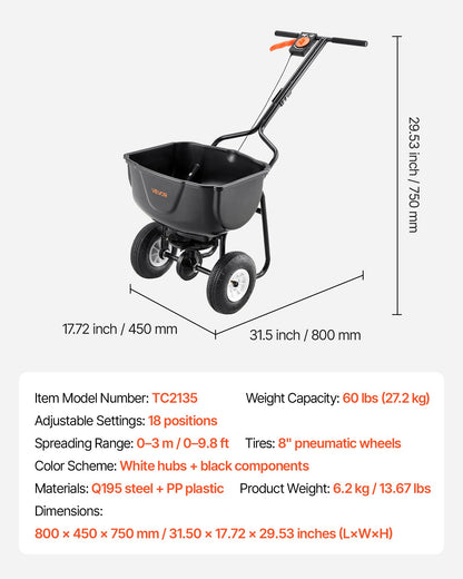 Walk Behind Spreader, 60LBS Capacity, Push Spreader with Hopper Grate, 0-9.8 ft Spreading Width, 8 in All V952-TCSBJ60LBSPZF8R6S001V0