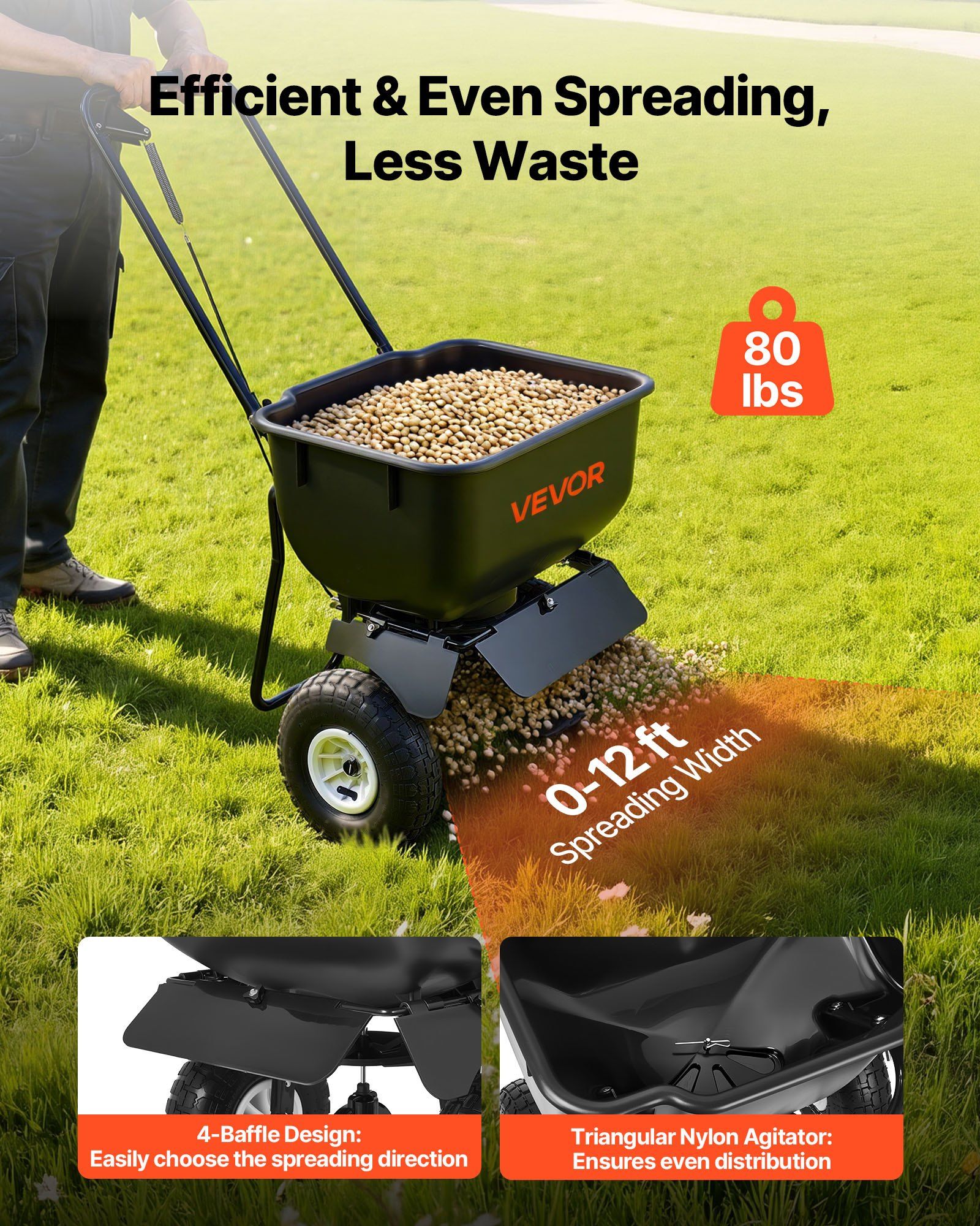 Push Lawn Spreader, 3.6m Spreading Width, Broadcast Spreader with 36.3kg Load Capacity & 10 in All-Terrain V952-TCSBJ80LBS12D3MUC001V0