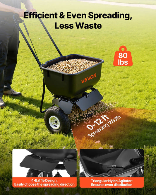 Push Lawn Spreader, 3.6m Spreading Width, Broadcast Spreader with 36.3kg Load Capacity & 10 in All-Terrain V952-TCSBJ80LBS12D3MUC001V0