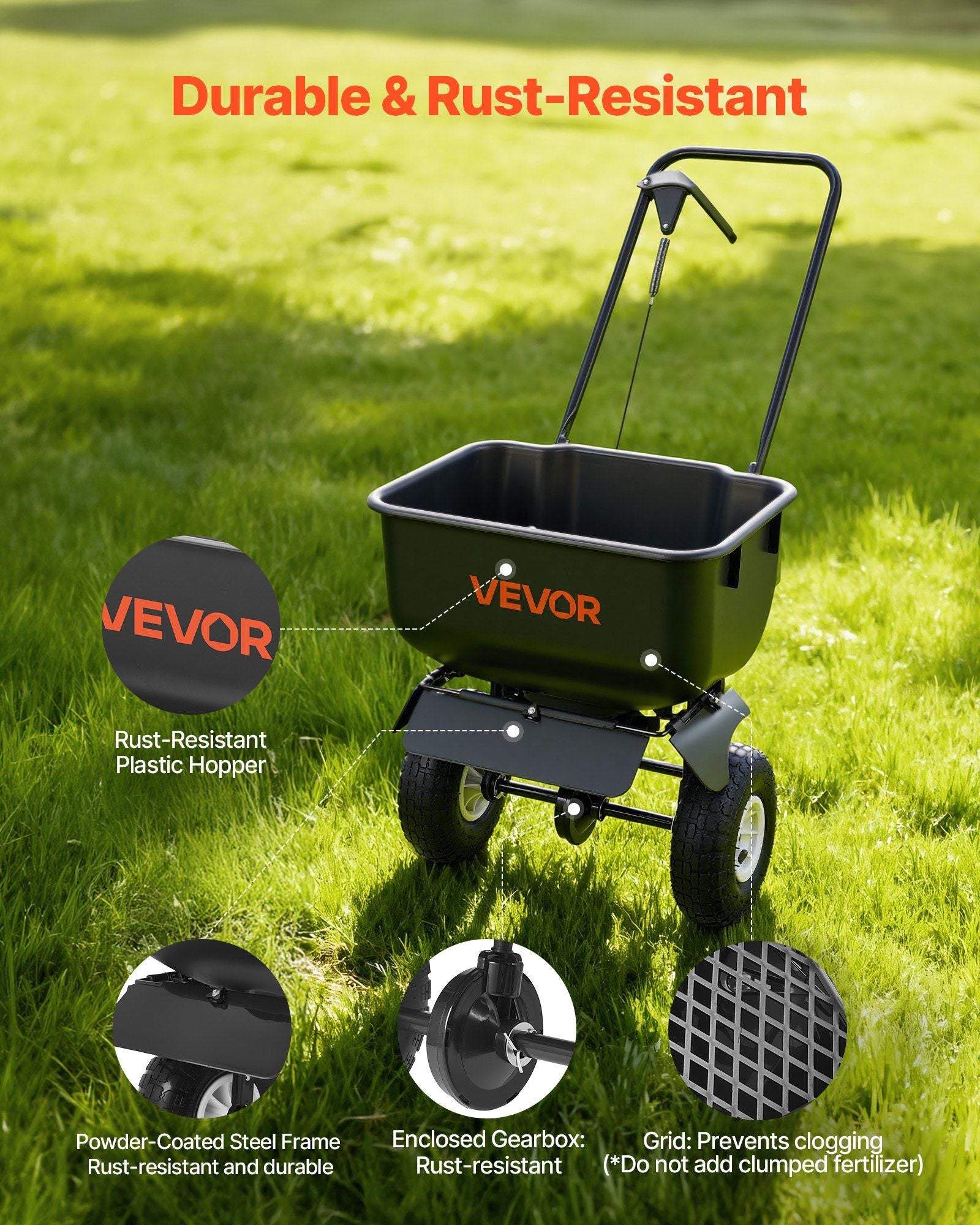 Push Lawn Spreader, 3.6m Spreading Width, Broadcast Spreader with 36.3kg Load Capacity & 10 in All-Terrain V952-TCSBJ80LBS12D3MUC001V0