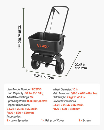 Push Lawn Spreader, 3.6m Spreading Width, Broadcast Spreader with 36.3kg Load Capacity & 10 in All-Terrain V952-TCSBJ80LBS12D3MUC001V0