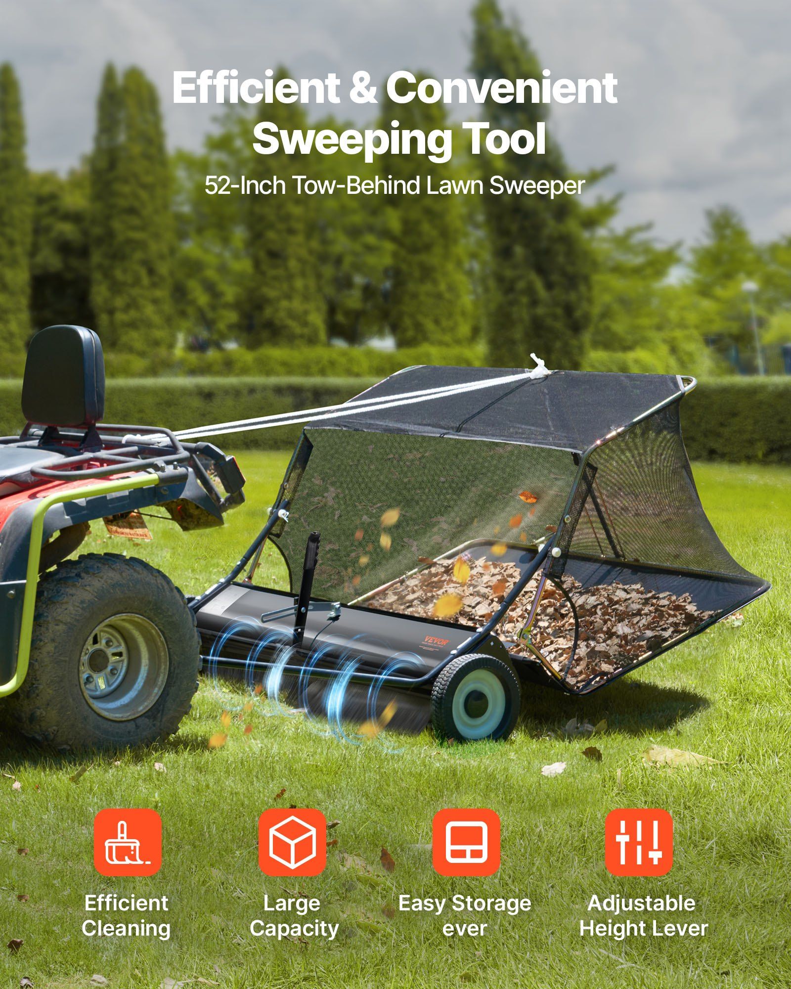 26.7 cm Tow Behind Lawn Sweeper, 26 cu.ft. Large Yard Sweeper, Adjustable Sweeping Height, Heavy Duty Leaf & V952-TCSCPQSQHC52N656O001V0