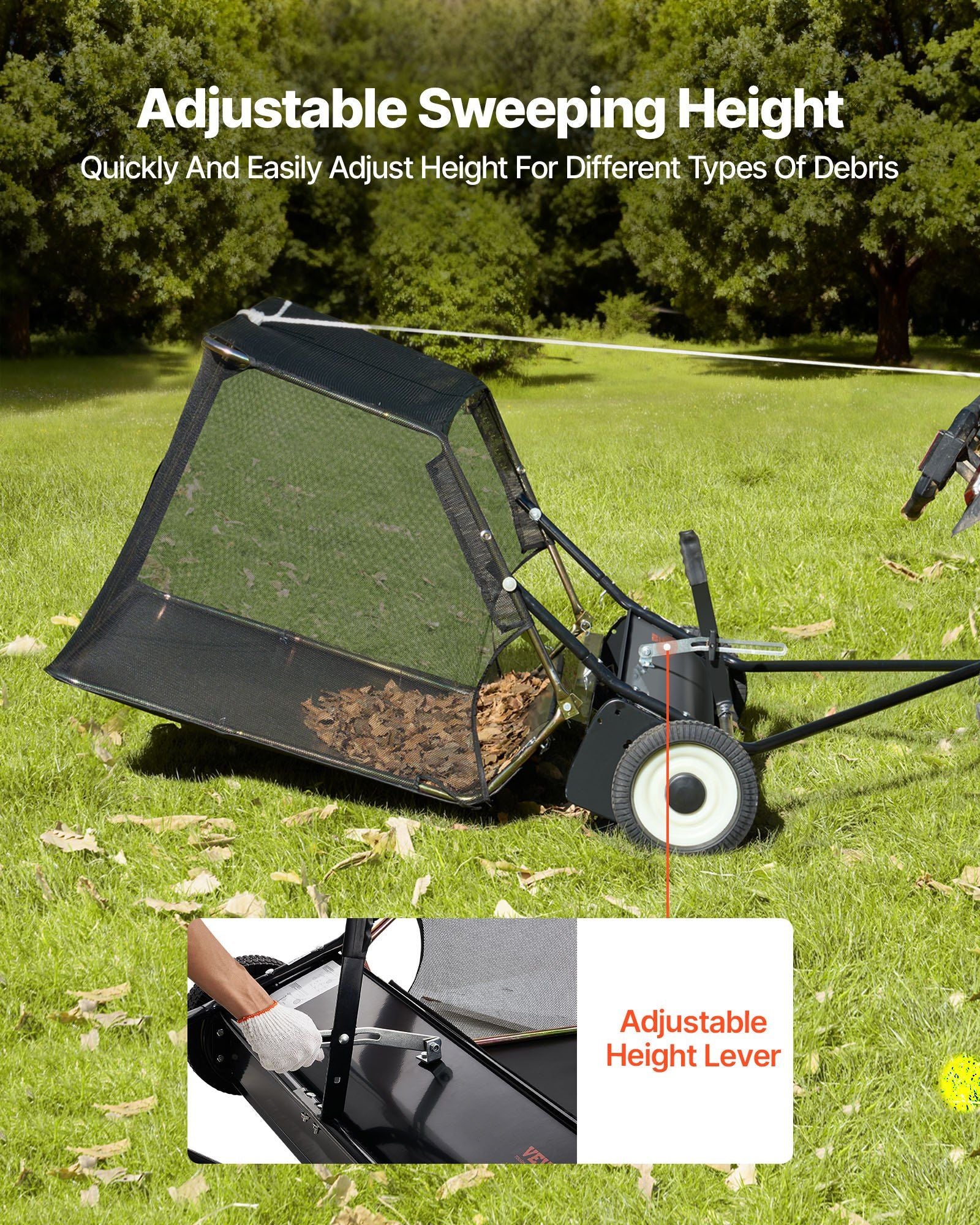 26.7 cm Tow Behind Lawn Sweeper, 26 cu.ft. Large Yard Sweeper, Adjustable Sweeping Height, Heavy Duty Leaf & V952-TCSCPQSQHC52N656O001V0
