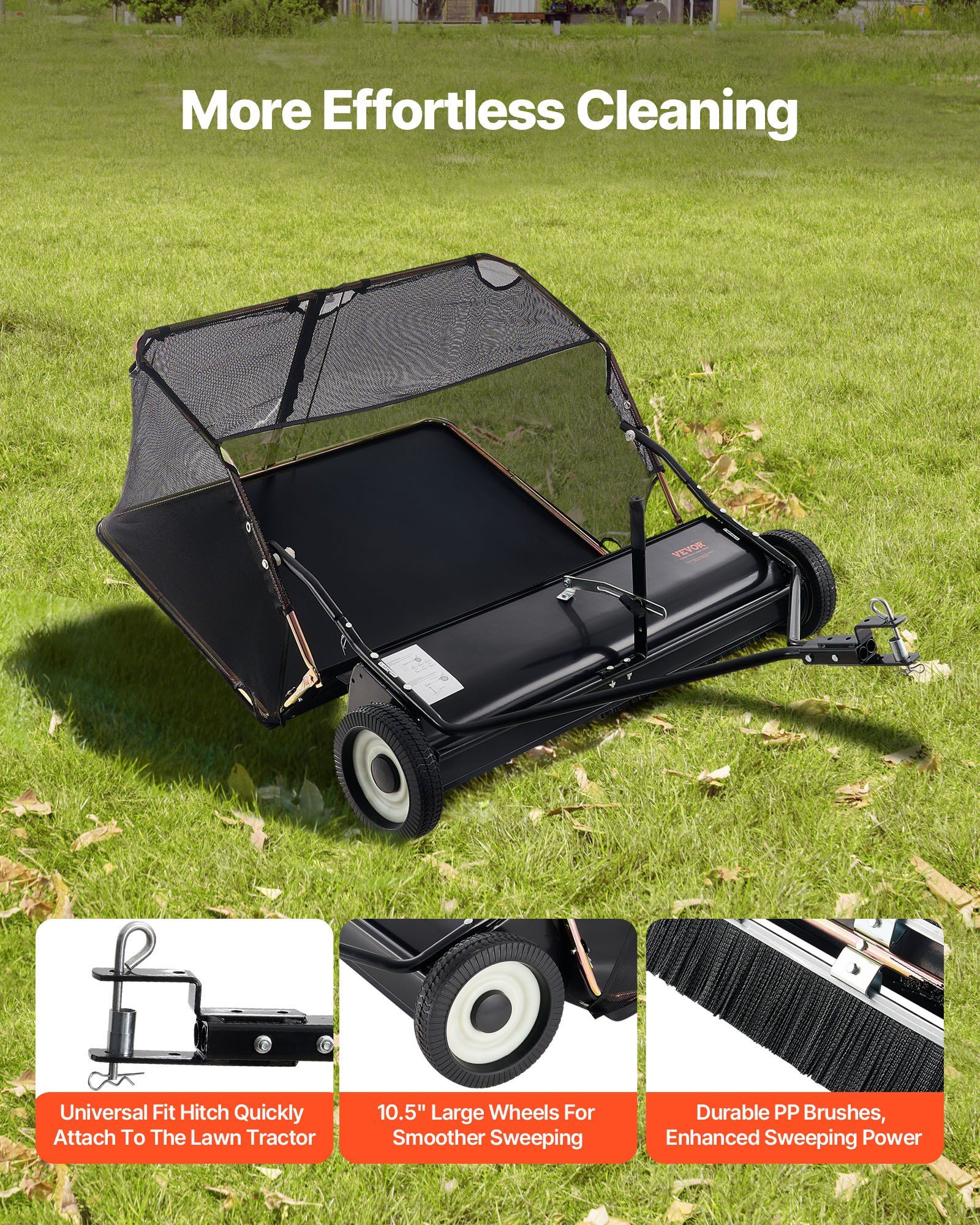 26.7 cm Tow Behind Lawn Sweeper, 26 cu.ft. Large Yard Sweeper, Adjustable Sweeping Height, Heavy Duty Leaf & V952-TCSCPQSQHC52N656O001V0