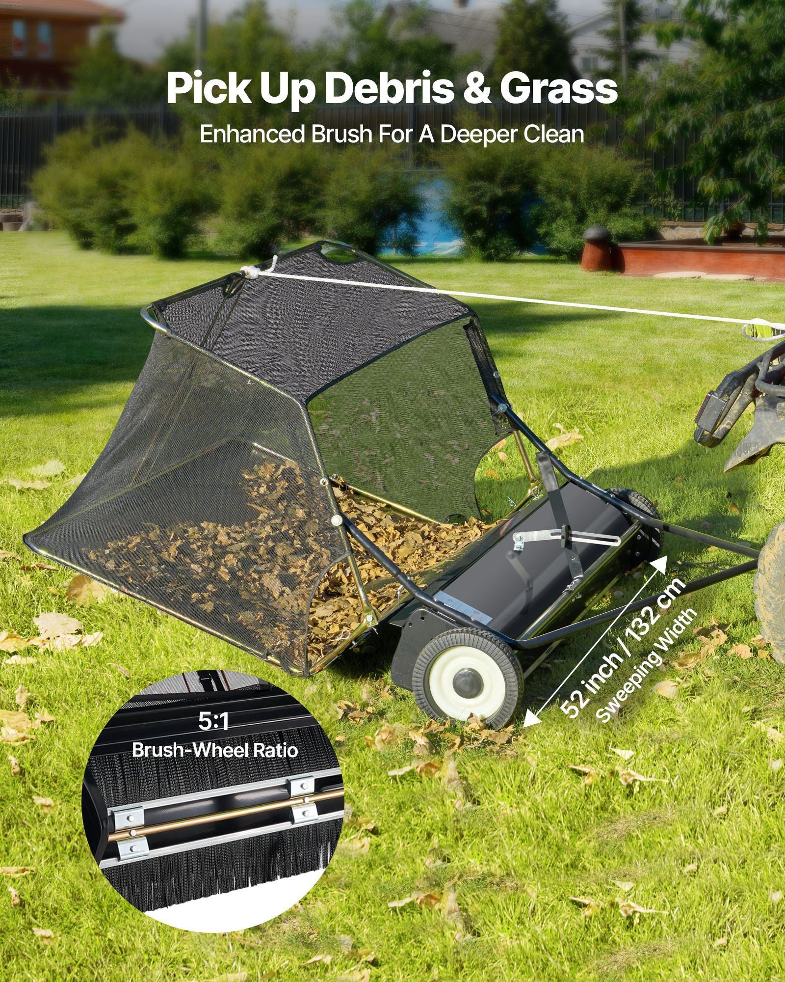 26.7 cm Tow Behind Lawn Sweeper, 26 cu.ft. Large Yard Sweeper, Adjustable Sweeping Height, Heavy Duty Leaf & V952-TCSCPQSQHC52N656O001V0