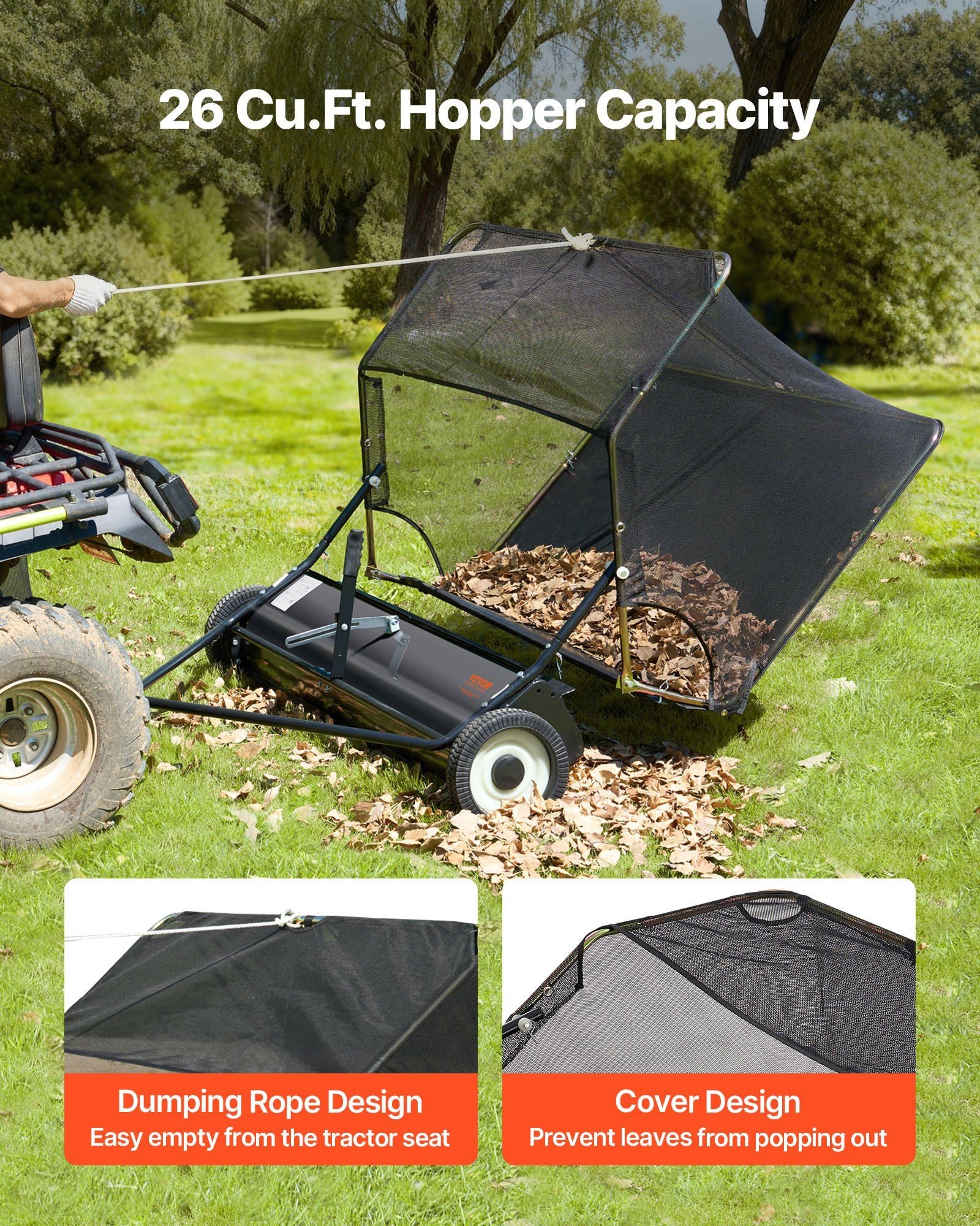 26.7 cm Tow Behind Lawn Sweeper, 26 cu.ft. Large Yard Sweeper, Adjustable Sweeping Height, Heavy Duty Leaf & V952-TCSCPQSQHC52N656O001V0