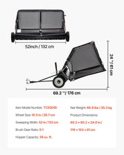 26.7 cm Tow Behind Lawn Sweeper, 26 cu.ft. Large Yard Sweeper, Adjustable Sweeping Height, Heavy Duty Leaf & V952-TCSCPQSQHC52N656O001V0