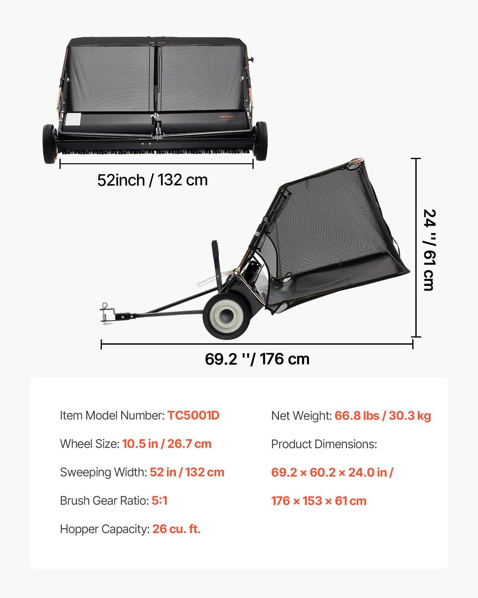 26.7 cm Tow Behind Lawn Sweeper, 26 cu.ft. Large Yard Sweeper, Adjustable Sweeping Height, Heavy Duty Leaf & V952-TCSCPQSQHC52N656O001V0