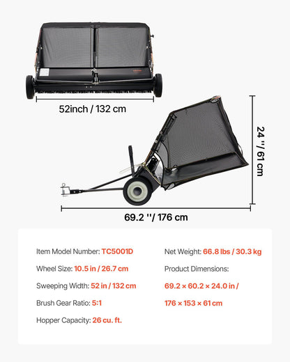 26.7 cm Tow Behind Lawn Sweeper, 26 cu.ft. Large Yard Sweeper, Adjustable Sweeping Height, Heavy Duty Leaf & V952-TCSCPQSQHC52N656O001V0