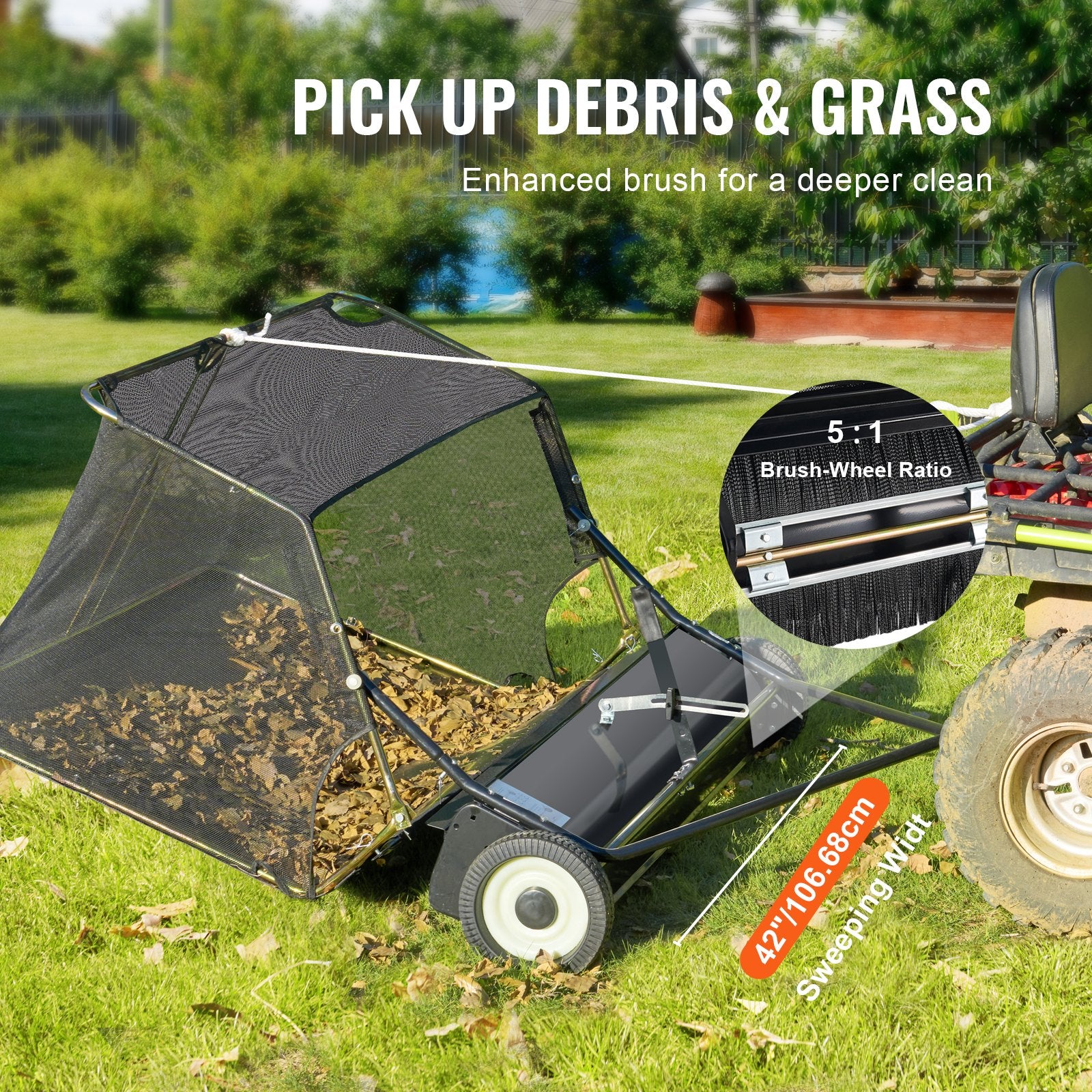 106.6 cm Lawn Sweeper Tow Behind, 12 cu.ft. Large Pull Behind Grass Sweeper, Heavy Duty Leaf & Grass V952-TCSCPQSQHS12E5UTUV0