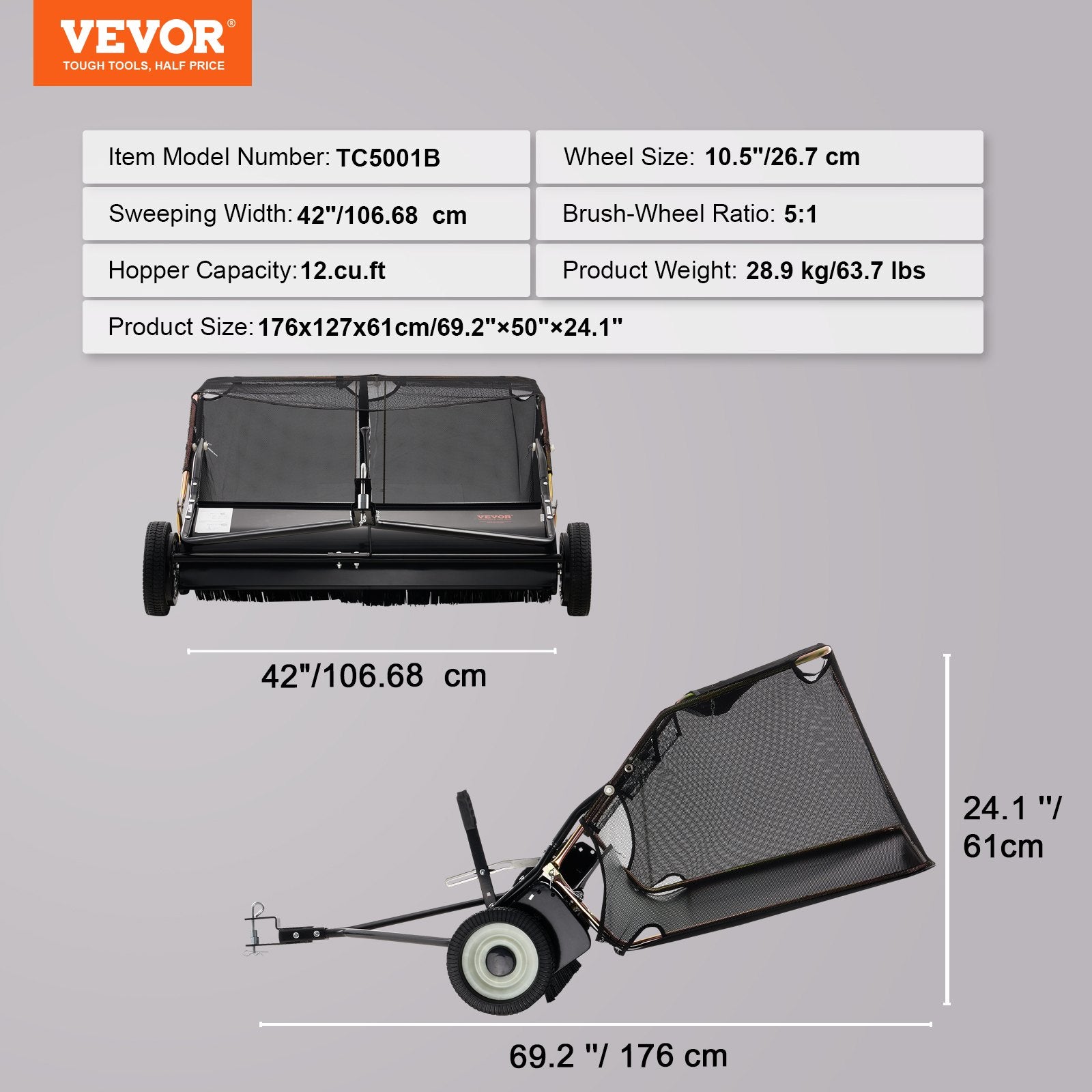106.6 cm Lawn Sweeper Tow Behind, 12 cu.ft. Large Pull Behind Grass Sweeper, Heavy Duty Leaf & Grass V952-TCSCPQSQHS12E5UTUV0