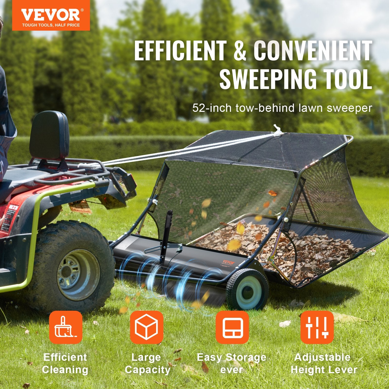 Tow-Behind Lawn Sweeper 132cm Leaf Yard Collector 26 cu.ft. Adjustable V952-TCSCPQSQHS26FYZTRV0