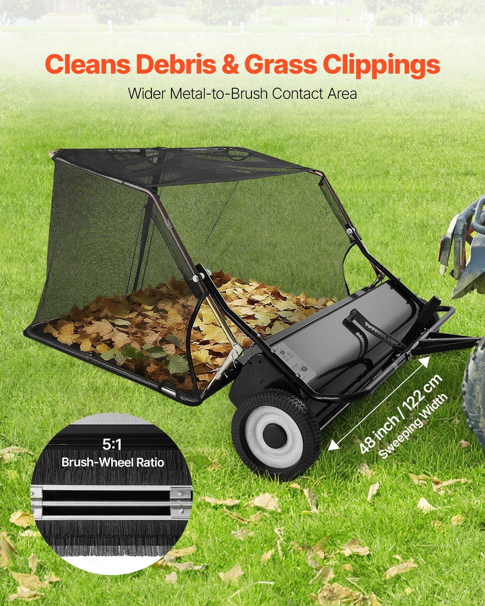 Tow Behind Lawn Sweeper, 122cm Pull Behind Yard Sweeper, 26 cu. ft Hopper Bag Capacity, Leaf & Grass V952-TCSCPQSQHS489BP0X001V0