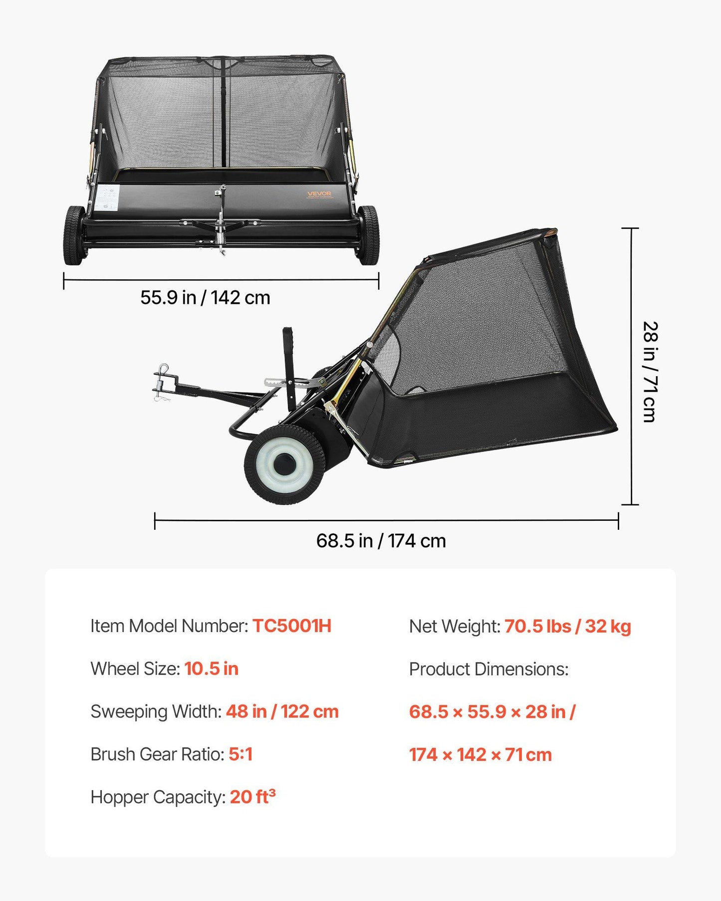 Tow Behind Lawn Sweeper, 122cm Pull Behind Yard Sweeper, 26 cu. ft Hopper Bag Capacity, Leaf & Grass V952-TCSCPQSQHS489BP0X001V0