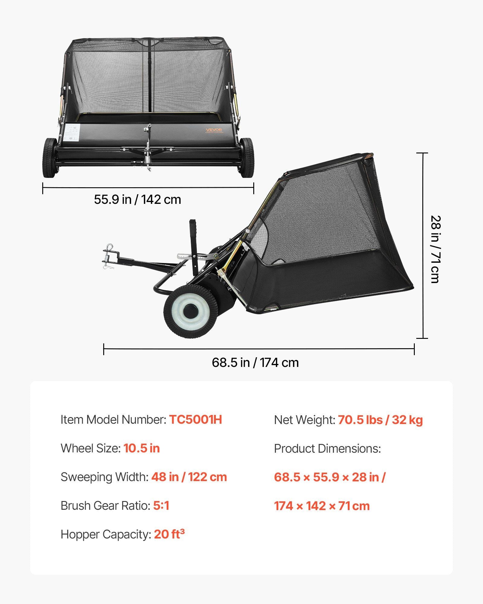 Tow Behind Lawn Sweeper, 122cm Pull Behind Yard Sweeper, 26 cu. ft Hopper Bag Capacity, Leaf & Grass V952-TCSCPQSQHS489BP0X001V0