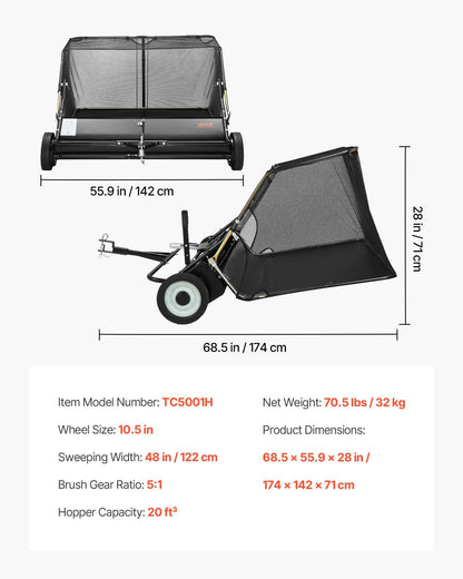 Tow Behind Lawn Sweeper, 122cm Pull Behind Yard Sweeper, 26 cu. ft Hopper Bag Capacity, Leaf & Grass V952-TCSCPQSQHS489BP0X001V0