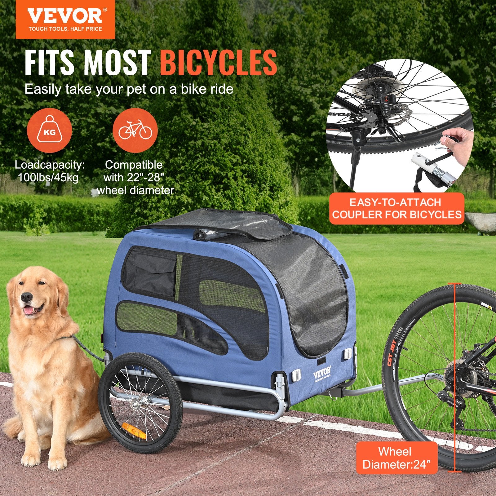 Dog Bike Trailer, Supports up to 45 kg, Pet Cart Bicycle Carrier, Easy Folding Frame with Quick Release V952-TCSCWZXCTC883T64DV0