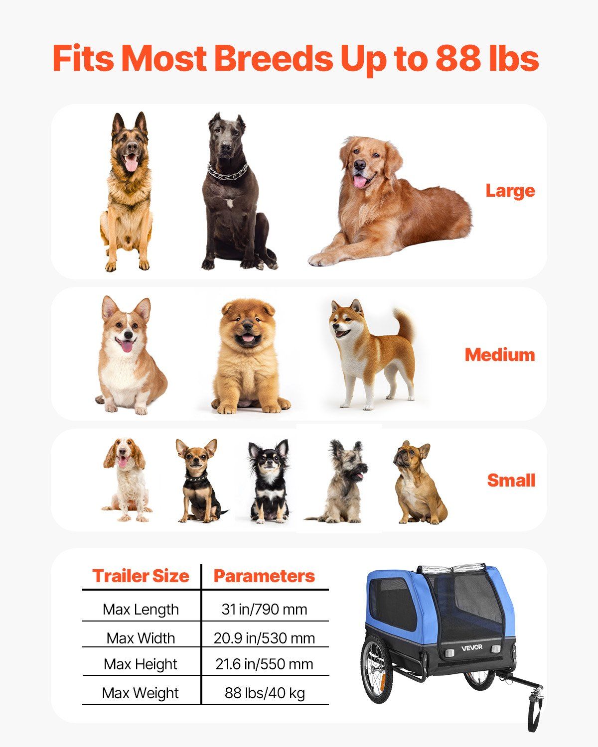 Dog Bike Trailer, Supports up to 40 kg, Pet Cart Bicycle Carrier for Small & Large Dogs, Easy Folding Frame V952-TCSCWZXCTC88AW1LH001V0