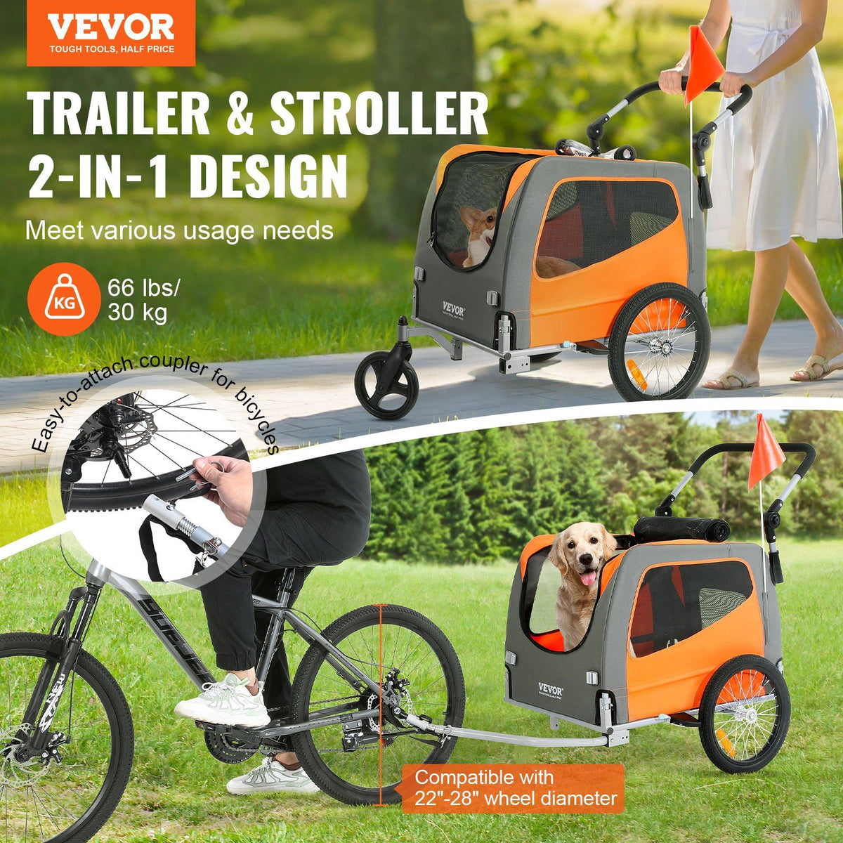 Dog Bike Trailer, Supports up to 30 kg, 2-in-1 Pet Stroller Cart Bicycle Carrier, Easy Folding Cart Frame V952-TCTCLYSCWZXCMJR9ZV0