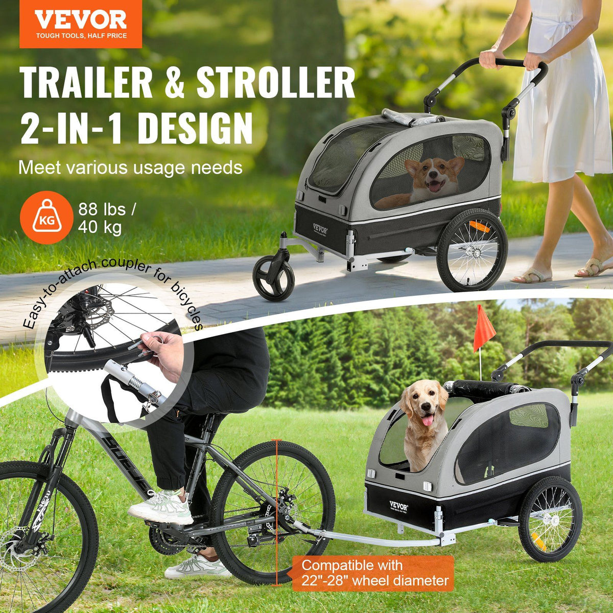 Dog Bike Trailer, Supports up to 40 kg, 2-in-1 Pet Stroller Cart Bicycle Carrier, Easy Folding Cart Frame V952-TCTCLYSCWZXCSF5IBV0