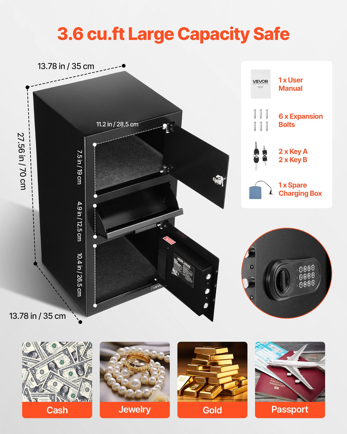 3.6 Cubic Feet Drop Safe, Large Capacity Front Drop Slot Safe Box with Digital Keypad, Heavy Duty 3 Tiers V952-TDSBXJ1378131EP8M001V9