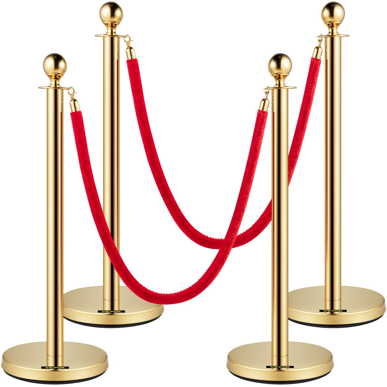 Velvet Ropes and Posts, 5 ft/1.5 m Red Rope, Stainless Steel Gold Stanchion with Ball Top, Red Crowd Control V952-TDZQTHRSGLZJ4238FV0
