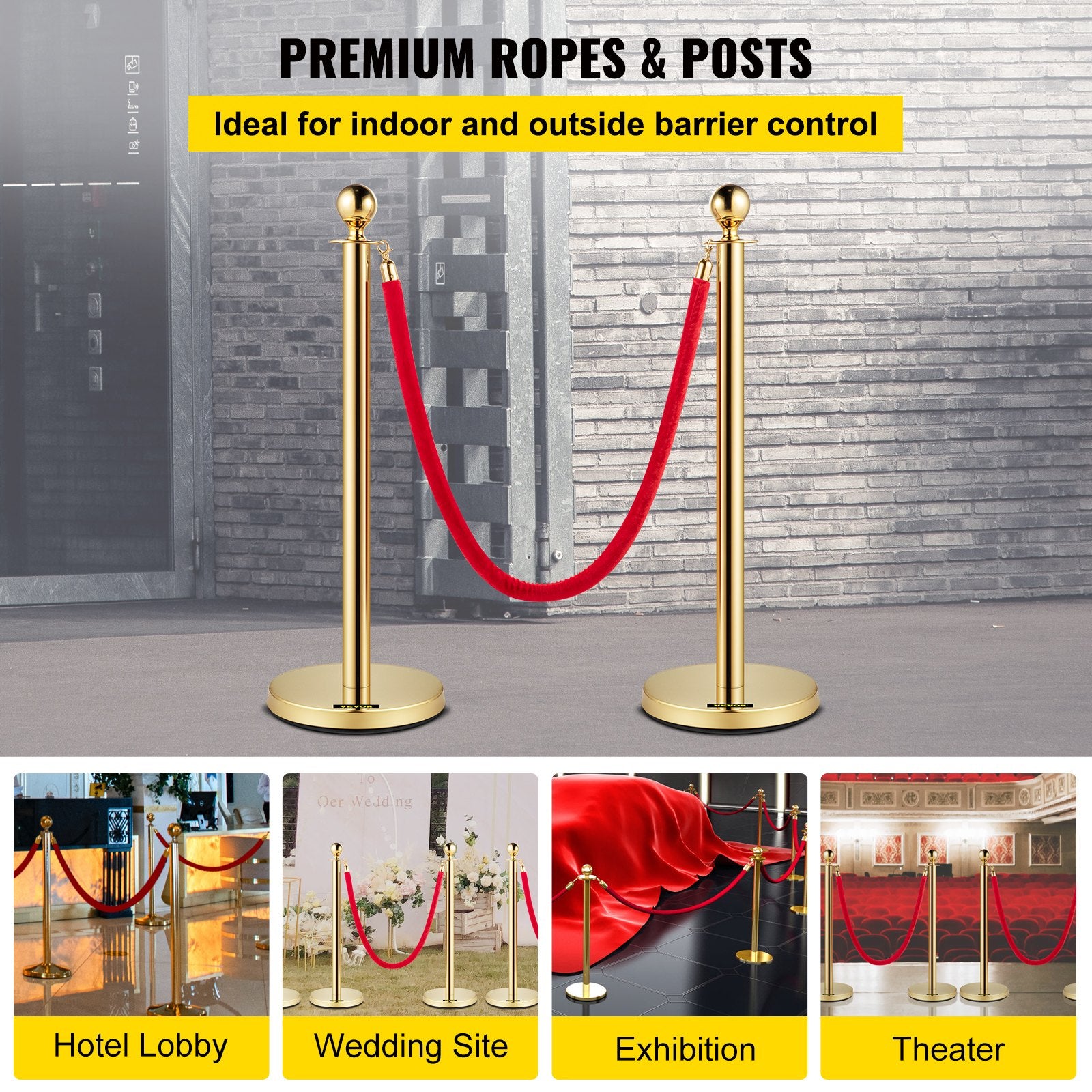 Velvet Ropes and Posts, 5 ft/1.5 m Red Rope, Stainless Steel Gold Stanchion with Ball Top, Red Crowd Control V952-TDZQTHRSGLZJ4238FV0