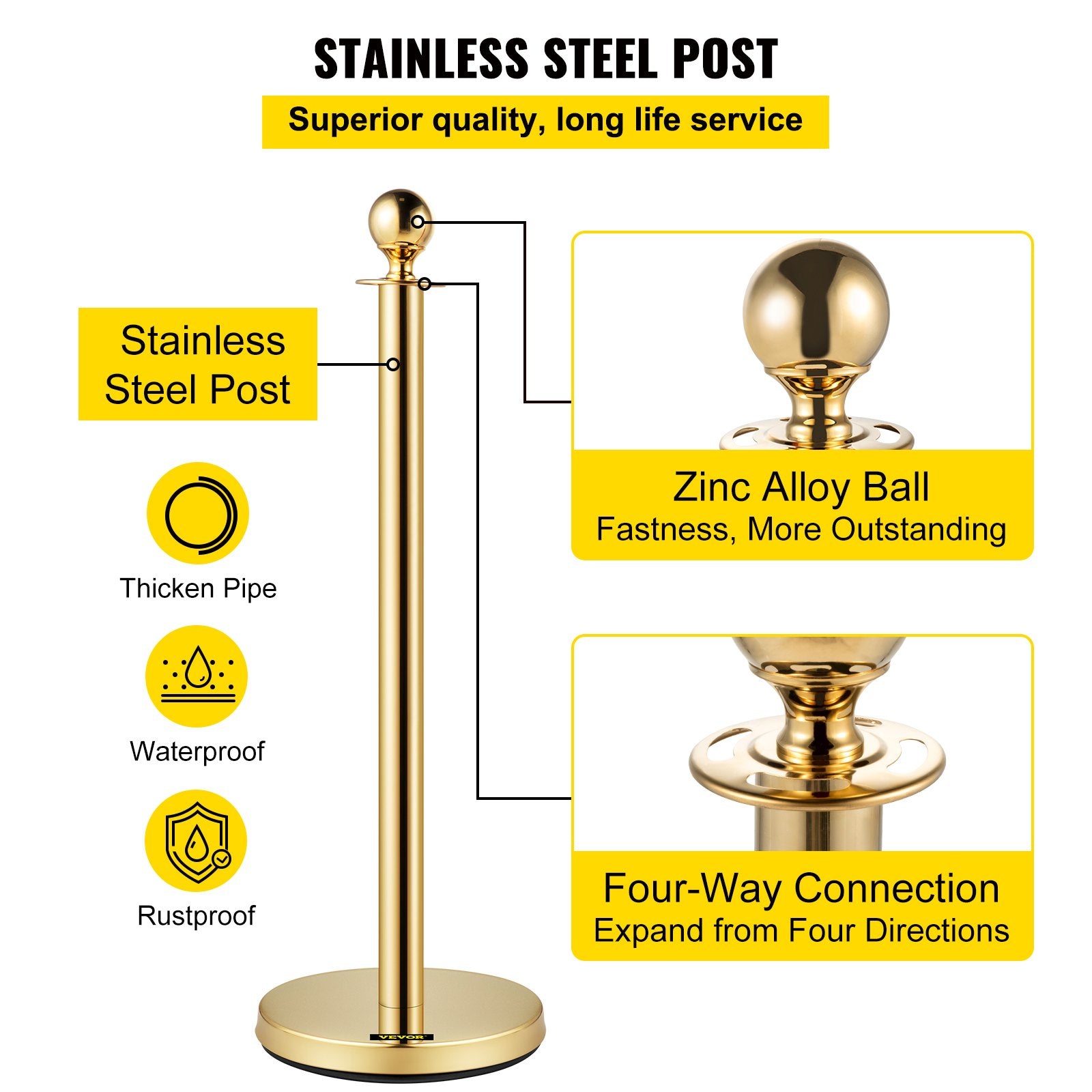 Velvet Ropes and Posts, 5 ft/1.5 m Red Rope, Stainless Steel Gold Stanchion with Ball Top, Red Crowd Control V952-TDZQTHRSGLZJ4238FV0