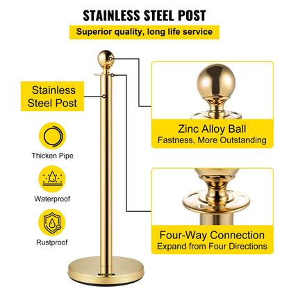 Velvet Ropes and Posts, 5 ft/1.5 m Red Rope, Stainless Steel Gold Stanchion with Ball Top, Red Crowd Control V952-TDZQTHRSGLZJ4238FV0