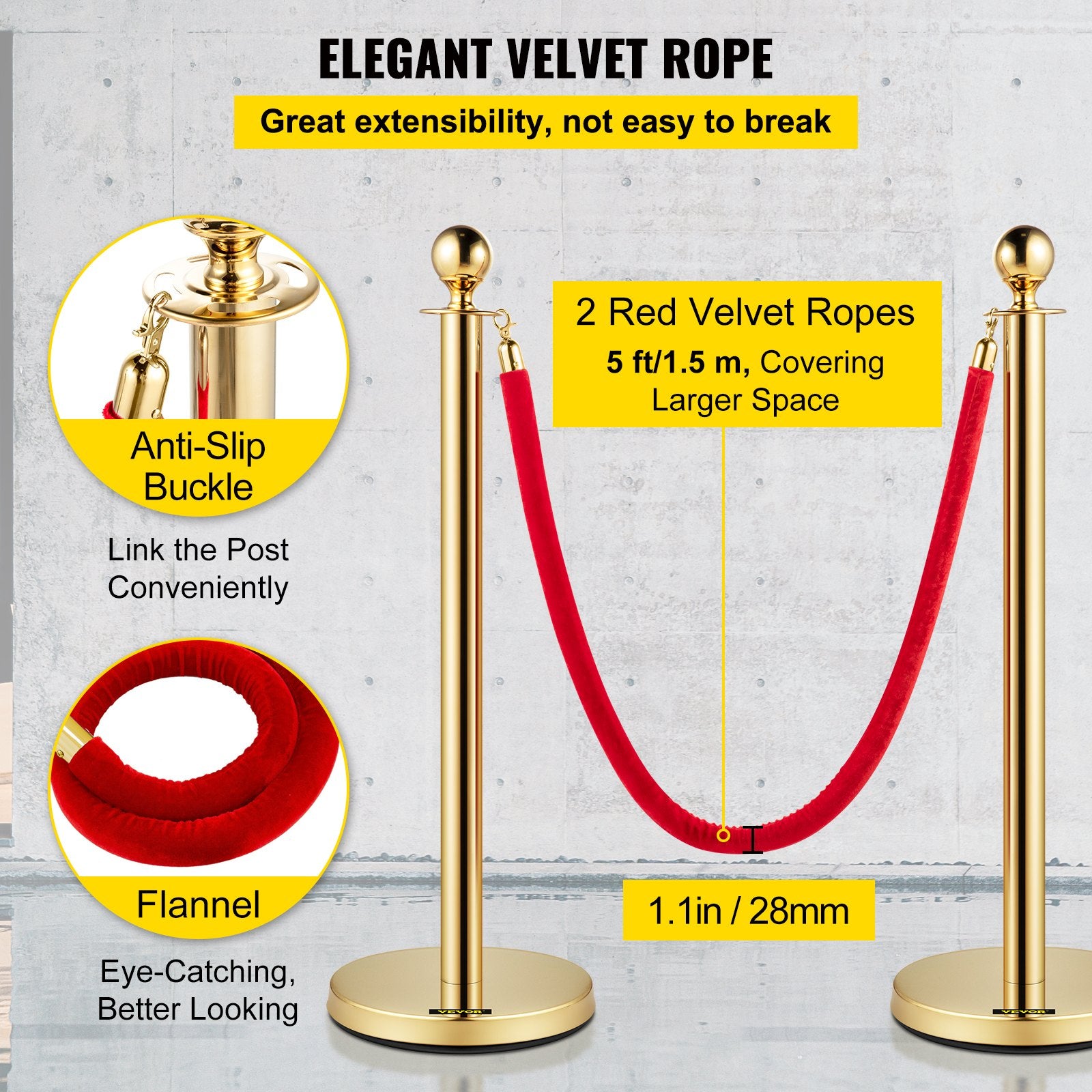 Velvet Ropes and Posts, 5 ft/1.5 m Red Rope, Stainless Steel Gold Stanchion with Ball Top, Red Crowd Control V952-TDZQTHRSGLZJ4238FV0
