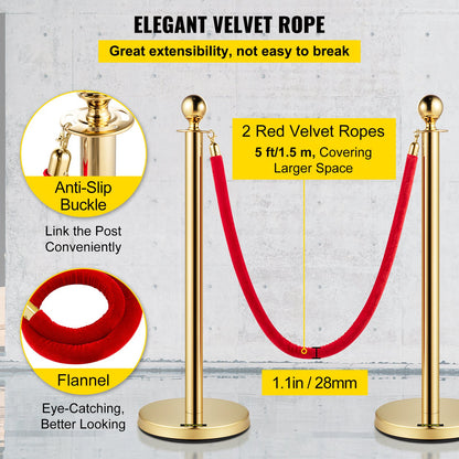 Velvet Ropes and Posts, 5 ft/1.5 m Red Rope, Stainless Steel Gold Stanchion with Ball Top, Red Crowd Control V952-TDZQTHRSGLZJ4238FV0