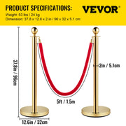Velvet Ropes and Posts, 5 ft/1.5 m Red Rope, Stainless Steel Gold Stanchion with Ball Top, Red Crowd Control V952-TDZQTHRSGLZJ4238FV0