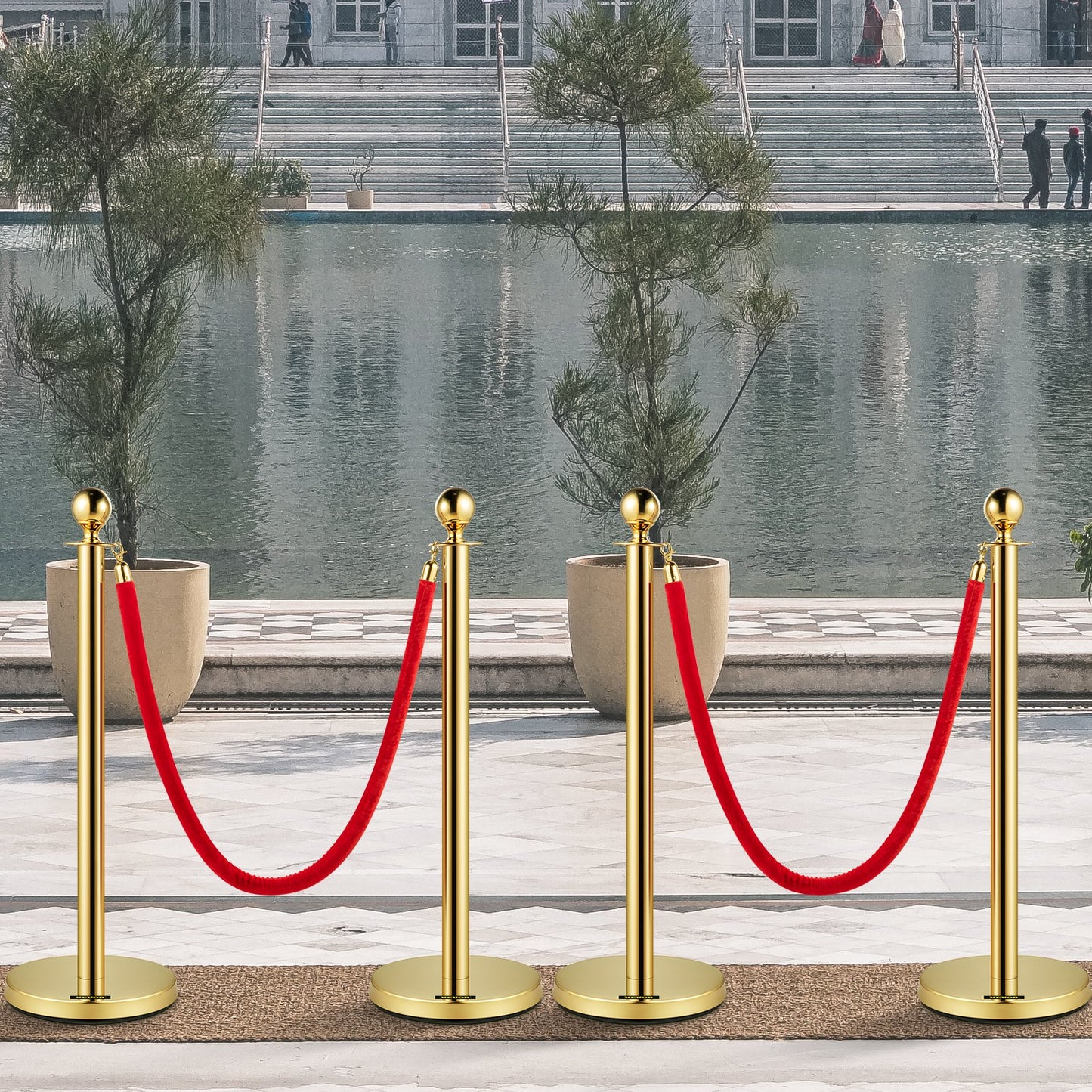 Velvet Ropes and Posts, 5 ft/1.5 m Red Rope, Stainless Steel Gold Stanchion with Ball Top, Red Crowd Control V952-TDZQTHRSGLZJ4238FV0