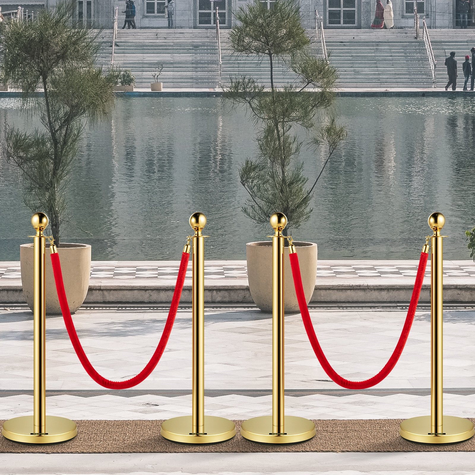 Velvet Ropes and Posts, 5 ft/1.5 m Red Rope, Stainless Steel Gold Stanchion with Ball Top, Red Crowd Control V952-TDZQTHRSGLZJ4238FV0