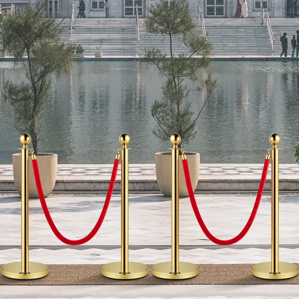 Velvet Ropes and Posts, 5 ft/1.5 m Red Rope, Stainless Steel Gold Stanchion with Ball Top, Red Crowd Control V952-TDZQTHRSGLZJ4238FV0