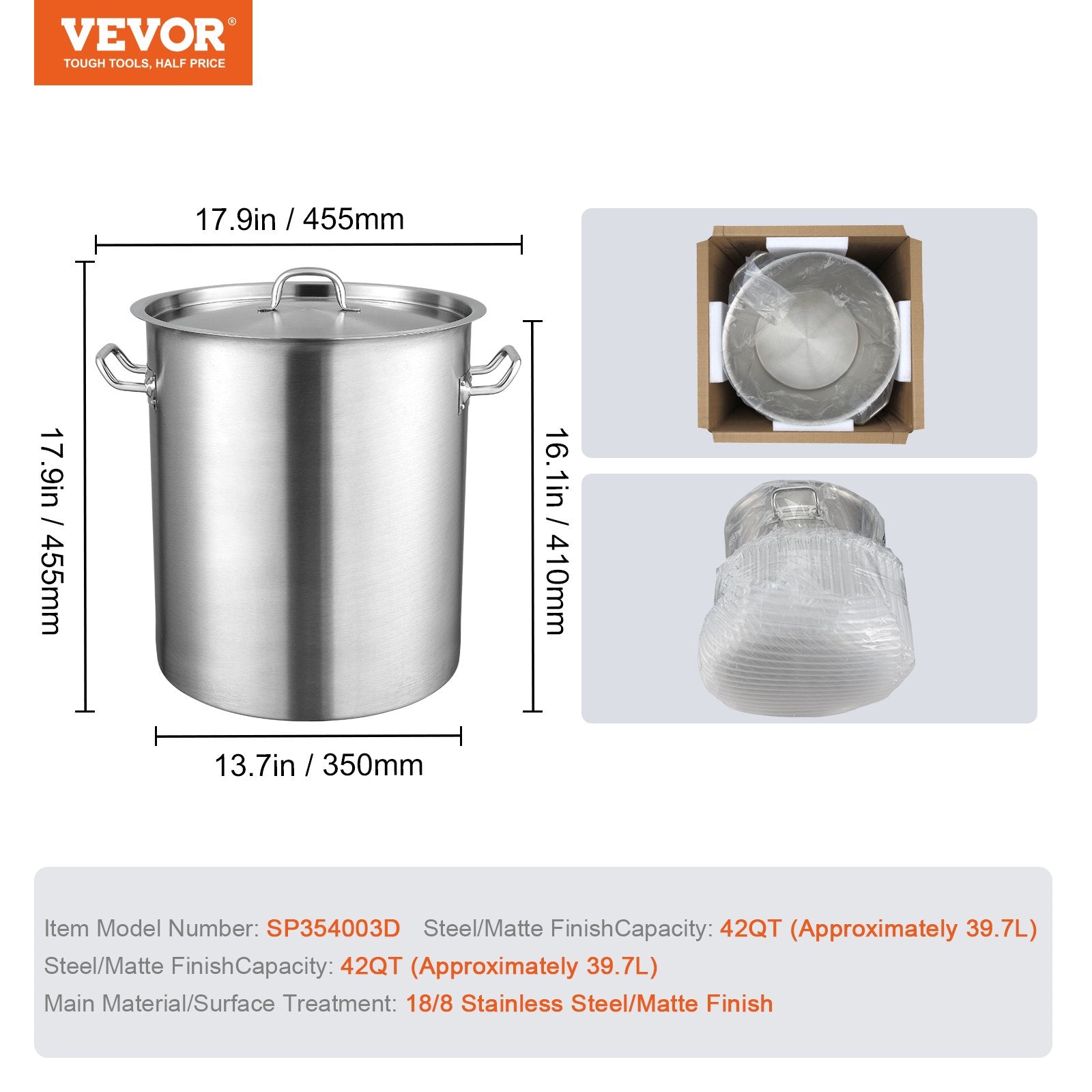 Stainless Steel Stockpot, 42 Quart Large Cooking Pots, Multipurpose Cookware Sauce Pot with Lid & Handle, V952-TGFHDB30442QTKOM5V0