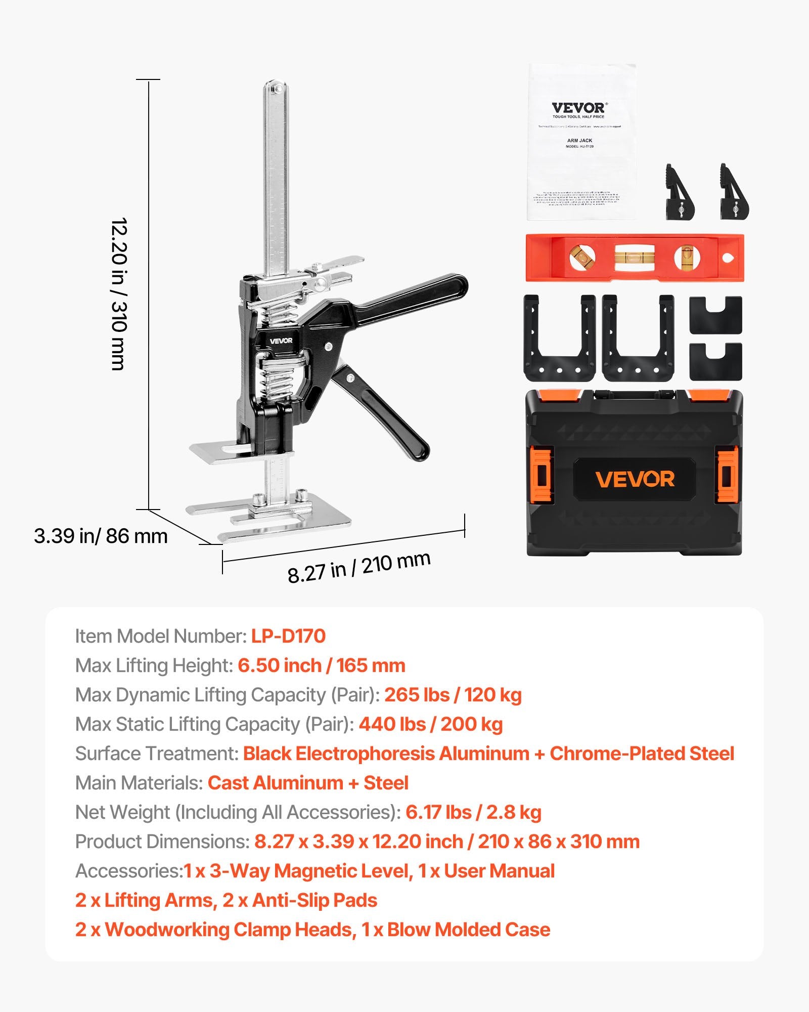 Labor Saving Arm Jack, 2 PCS 200 kg Bearing Capacity, Lifting up to 165 mm, Metal Hand Lifting Jack Tool with V952-TGQ170MM2DHS09LQLV0