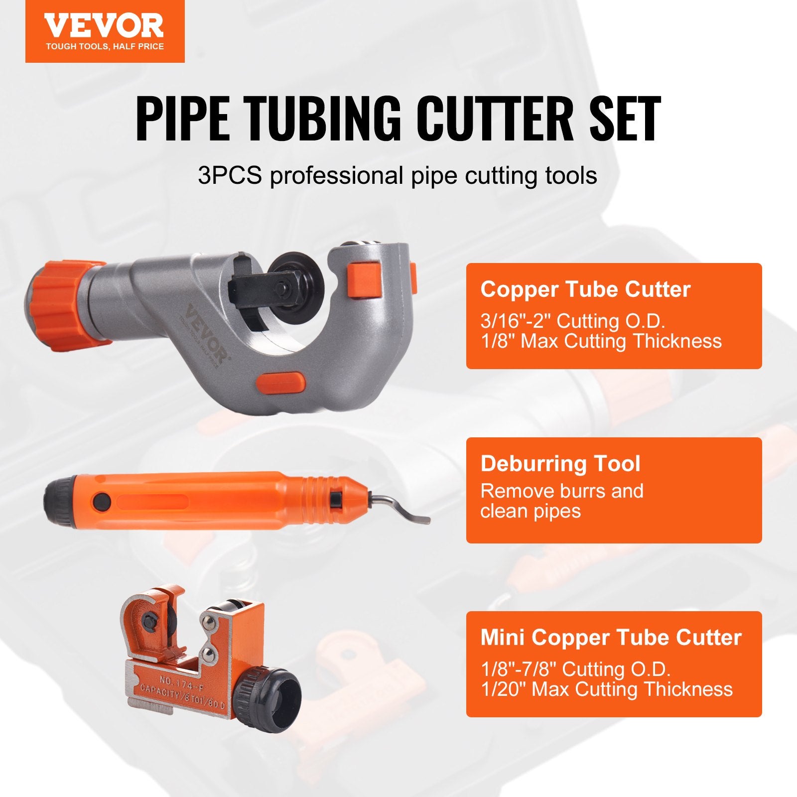 3PCS Tubing Cutter Set, 3/16"-2" O.D. Copper Pipe Cutter, 1/8"-7/8" O.D. Mini Tube Cutter and Deburring Tool, V952-TGQG331621878FNBFV0