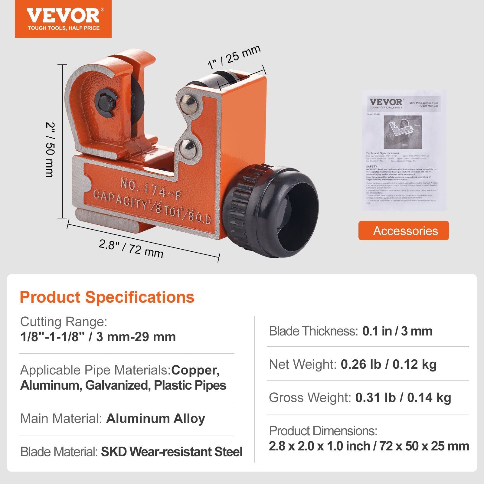Mini Tubing Cutter, 1/8" - 1-1/8" O.D. Mini Copper Pipe Cutter, Heavy Duty Compact Tube Cutter Tool with V952-TGQGQJT11878825P0V0