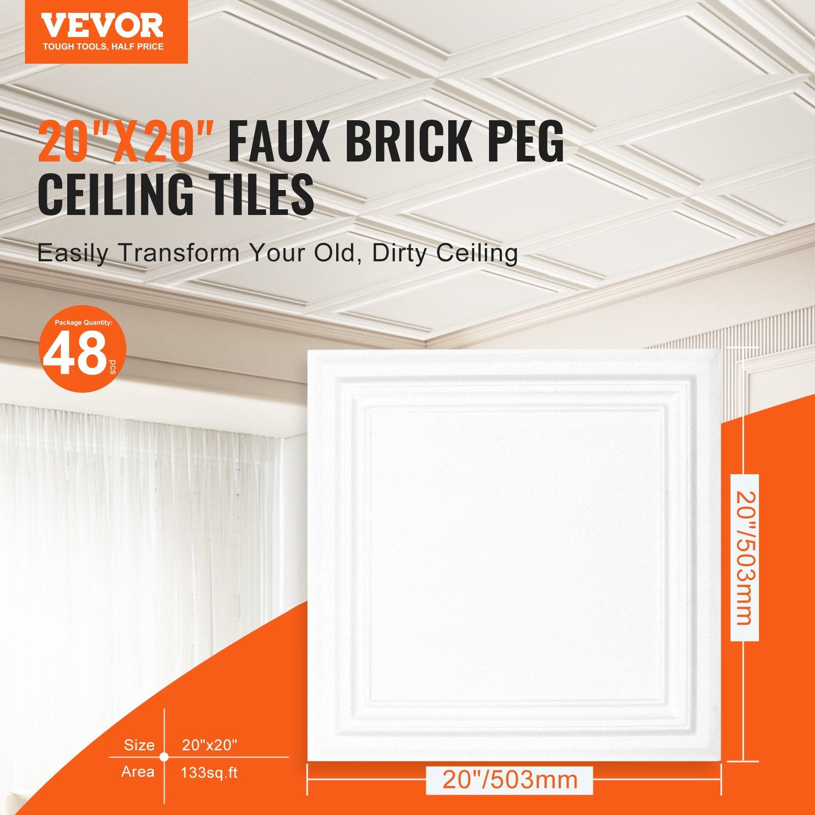 Ceiling Tiles 48-Pack 20 x 20 in Polystyrene Easy Installation Glue-up V952-THBZPSB48J5097TMWV0