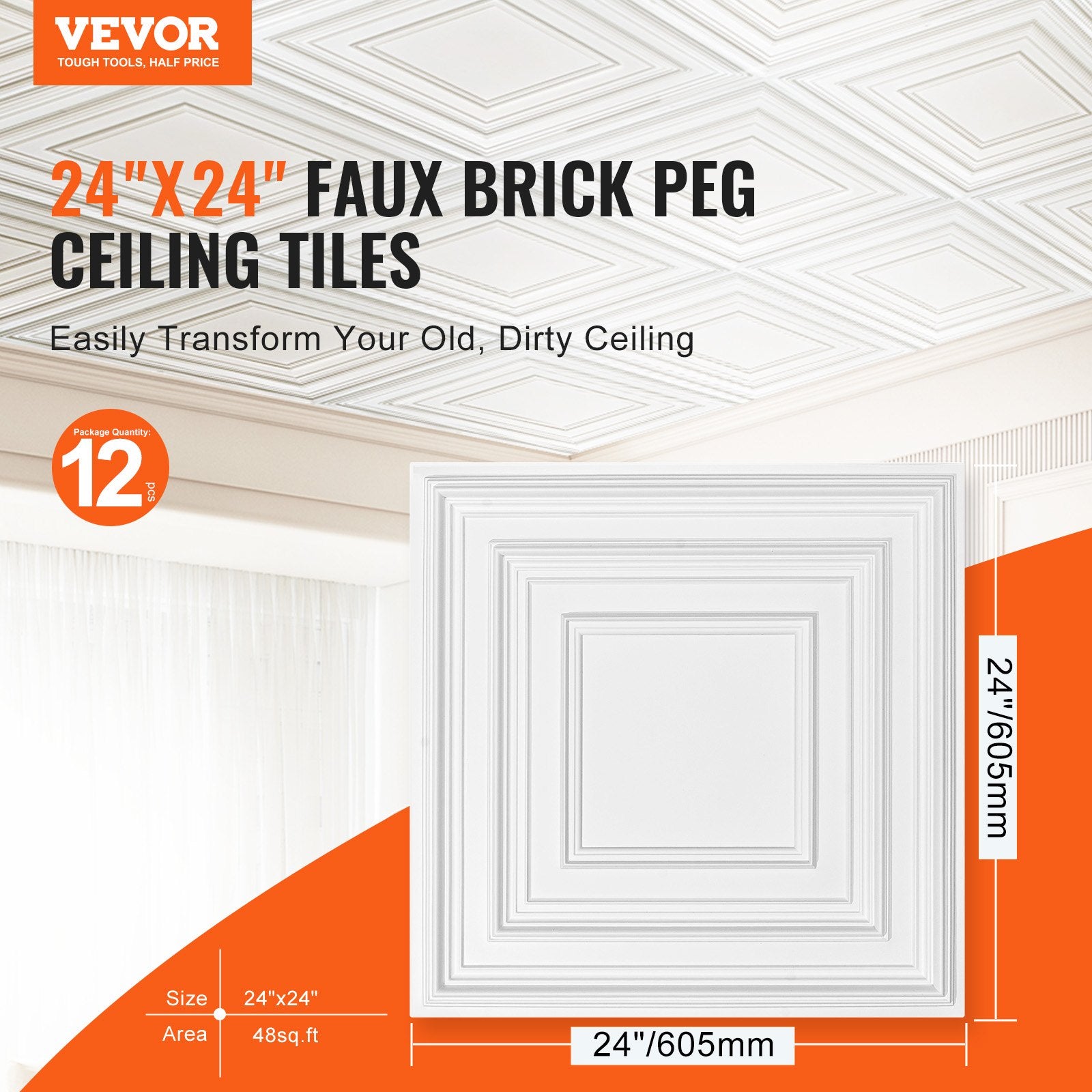 Ceiling Tiles 12-Pack 24 x 24 in PVC Easy Installation White Peg Pattern V952-THBZPVCB12J20JVLNV0