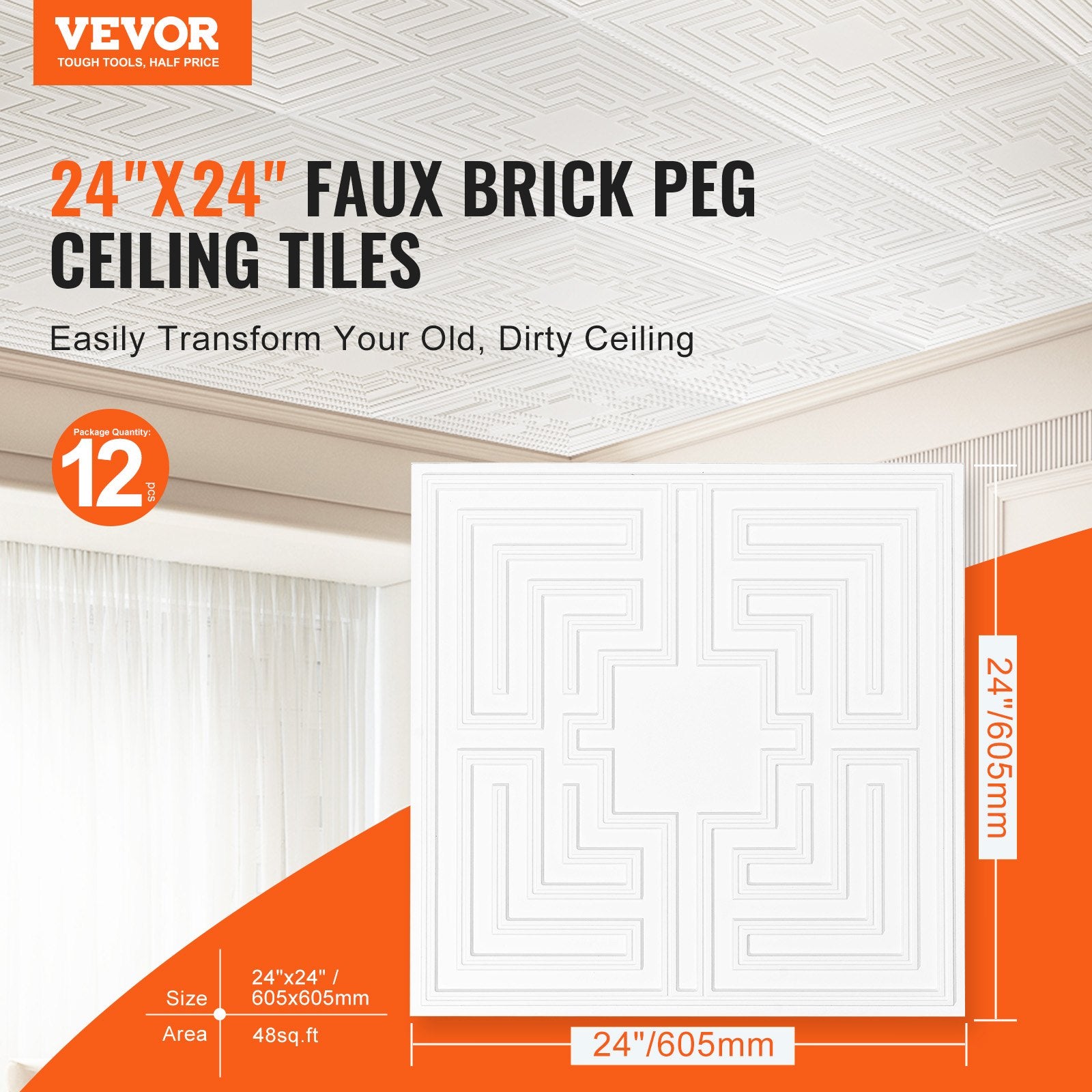 Ceiling Tiles 12-Pack 24 x 24 in PVC Easy Installation White Echo Pattern V952-THBZPVCB12J29DDRKV0