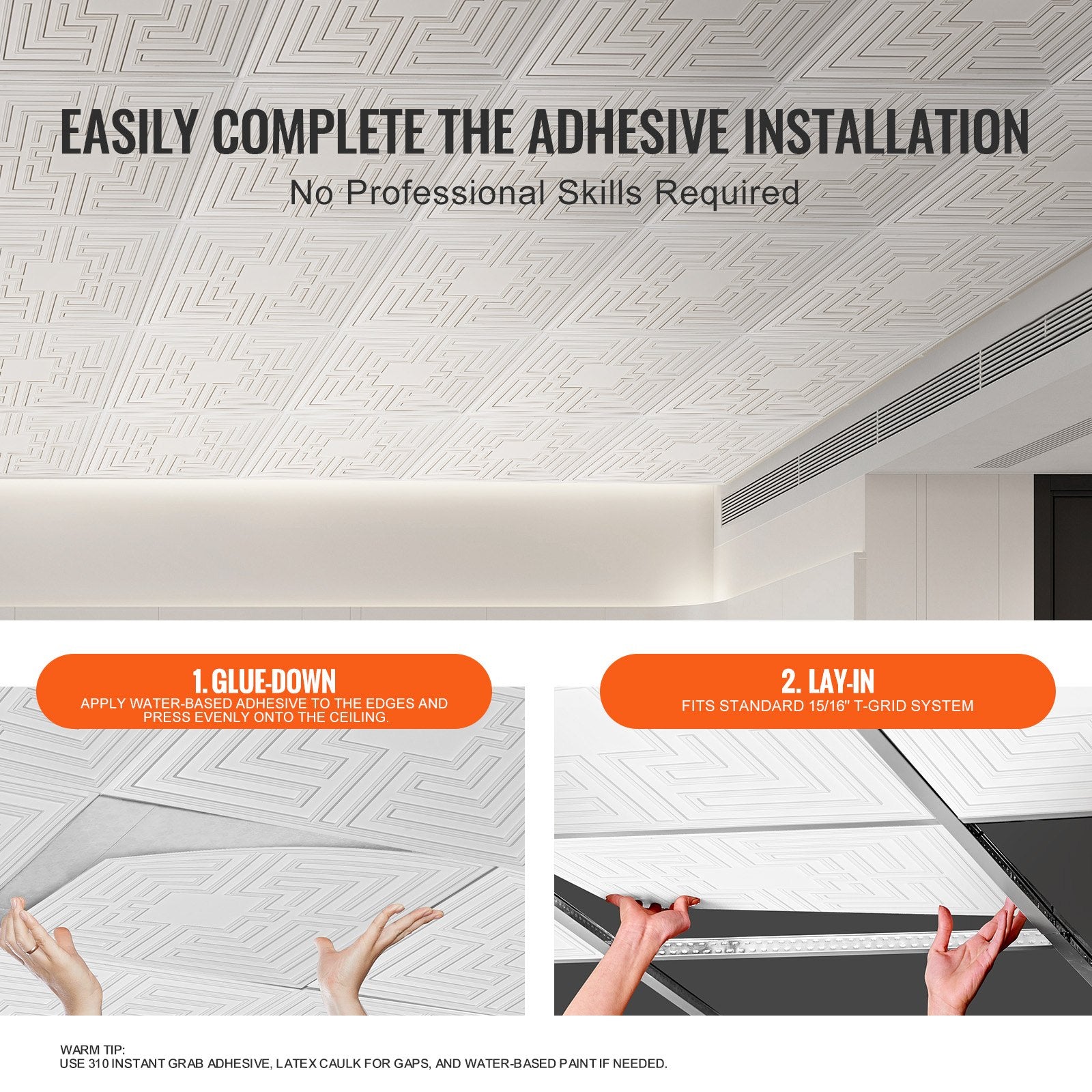 Ceiling Tiles 12-Pack 24 x 24 in PVC Easy Installation White Echo Pattern V952-THBZPVCB12J29DDRKV0