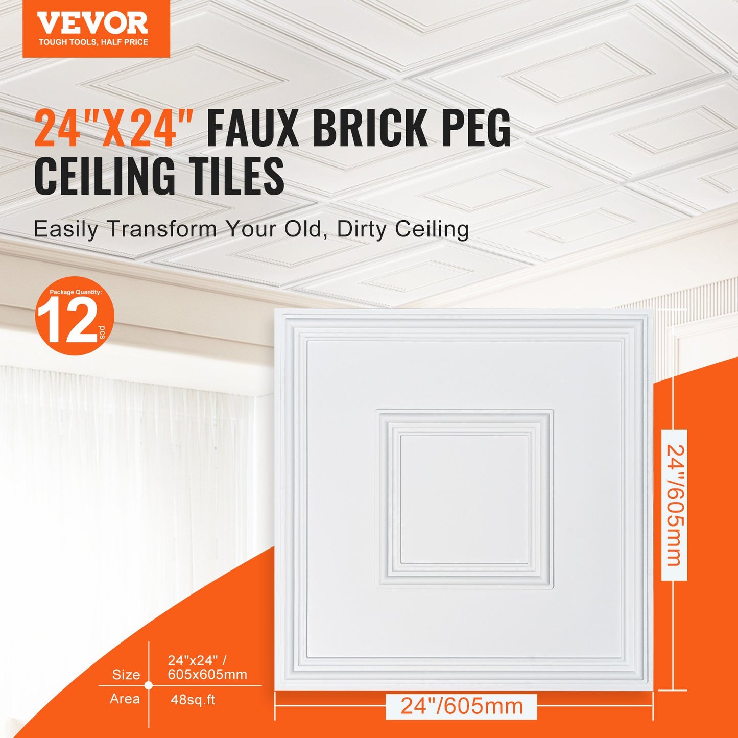 Ceiling Tiles 12-Pack 24 x 24 in PVC Easy Installation White Geometric V952-THBZPVCB12J2BINQSV0