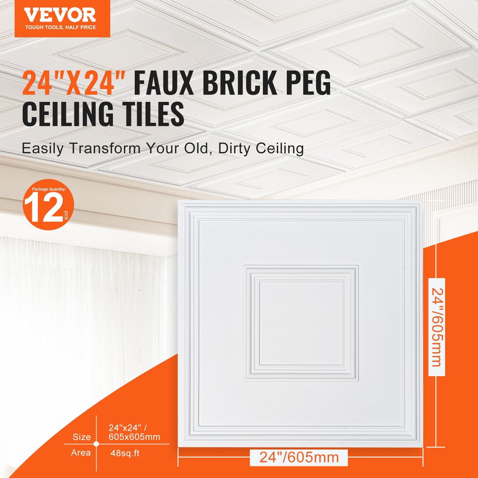 Ceiling Tiles 12-Pack 24 x 24 in PVC Easy Installation White Geometric V952-THBZPVCB12J2BINQSV0