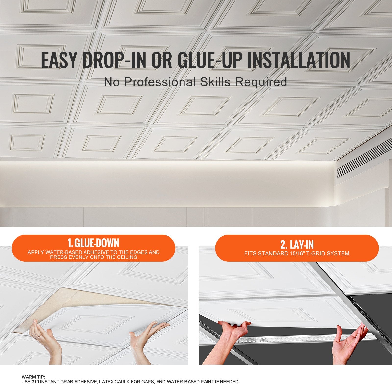 Ceiling Tiles 12-Pack 24 x 24 in PVC Easy Installation White Geometric V952-THBZPVCB12J2BINQSV0