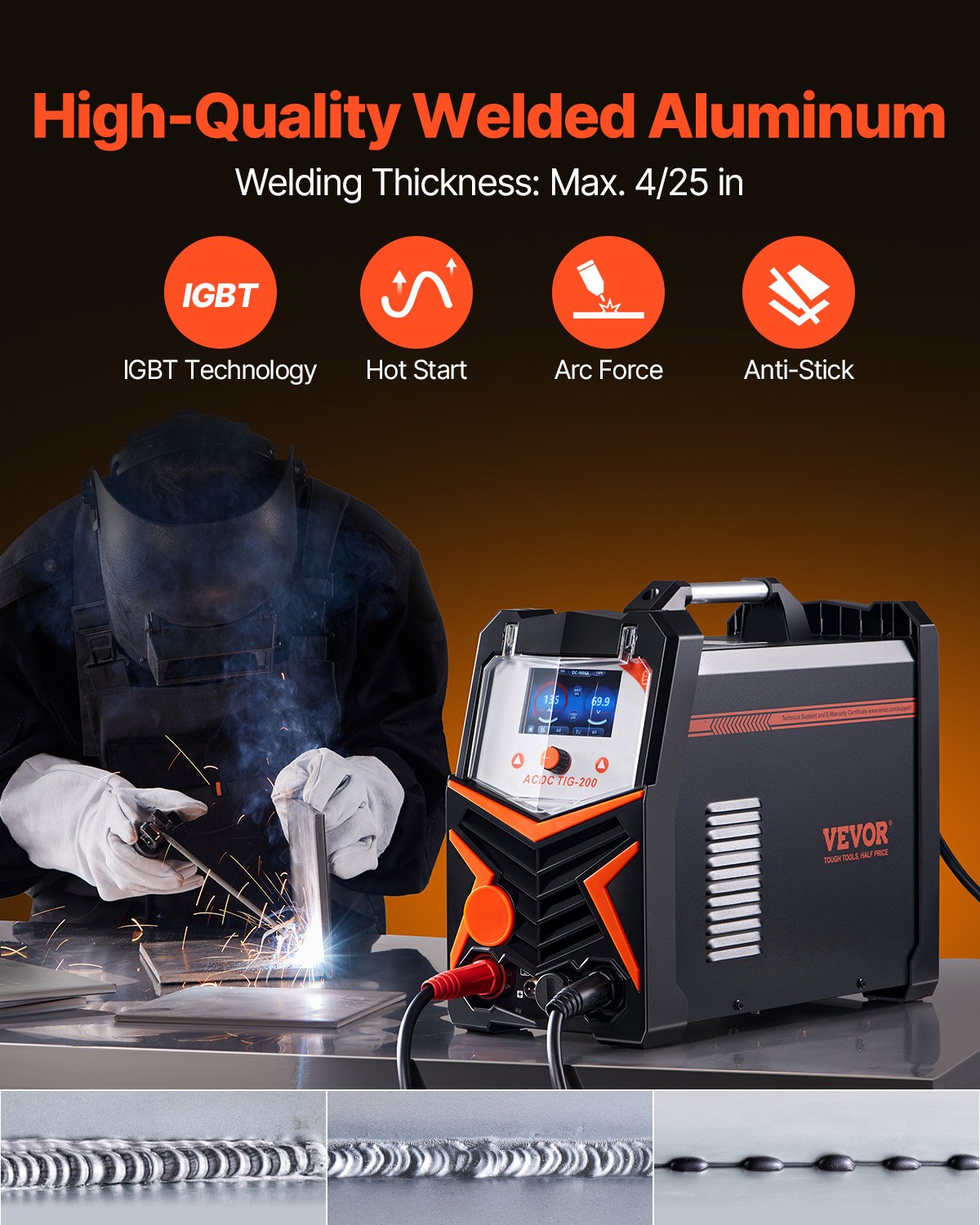 TIG Welder, 200A 6-In-1 Aluminum Welding Machine (LED Display) - AC TIG/DC TIG/AC Pulse TIG/DC Pulse TIG/Spot V952-TIGHJ200ALHY08YB1V3