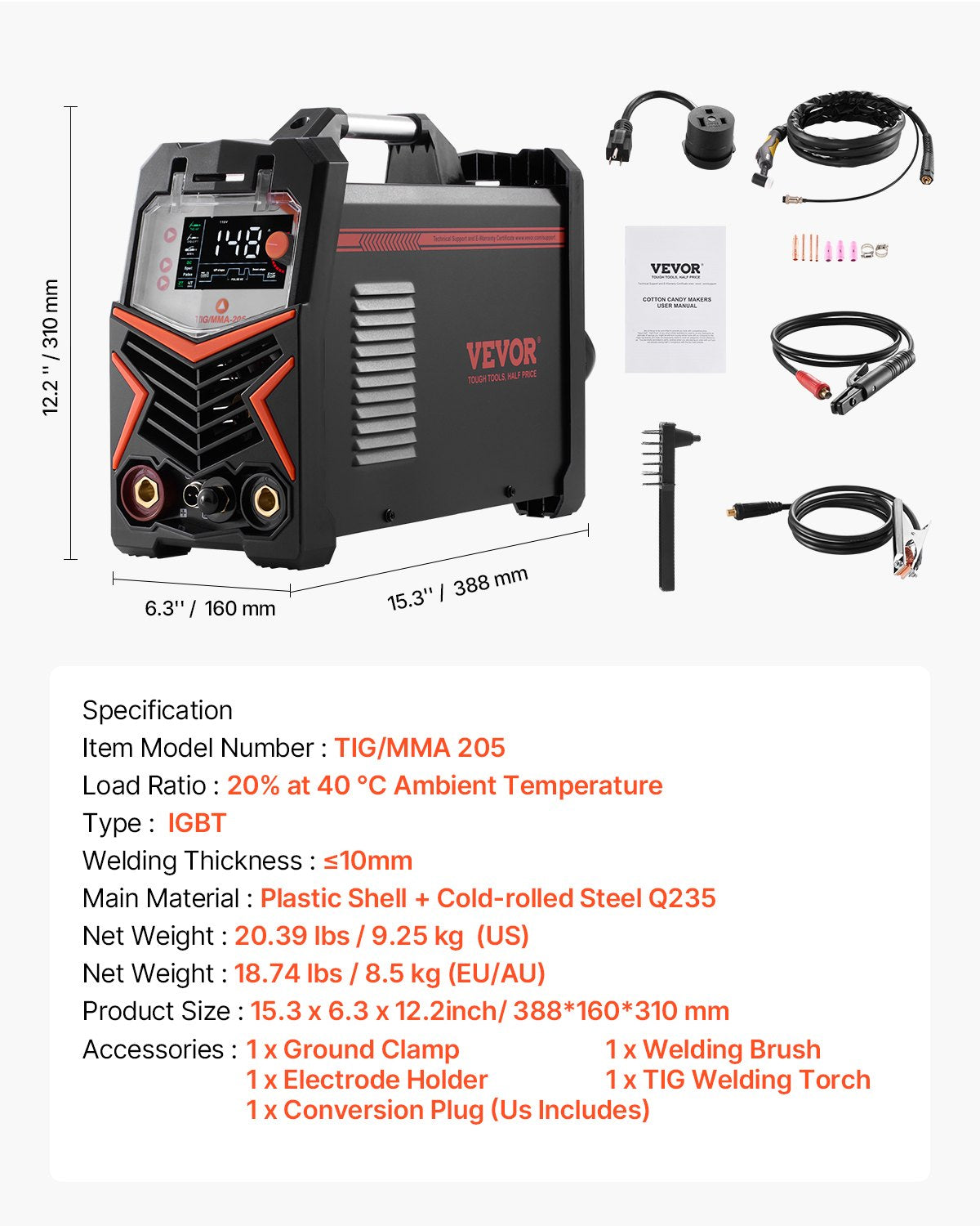 TIG Welder, 205A 3-In-1 Welding Machine (Large LED Display)- DC TIG/DC Pulse TIG/MMA(Stick), Electric Welder V952-TIGHJ205ASHYNKSKKV3
