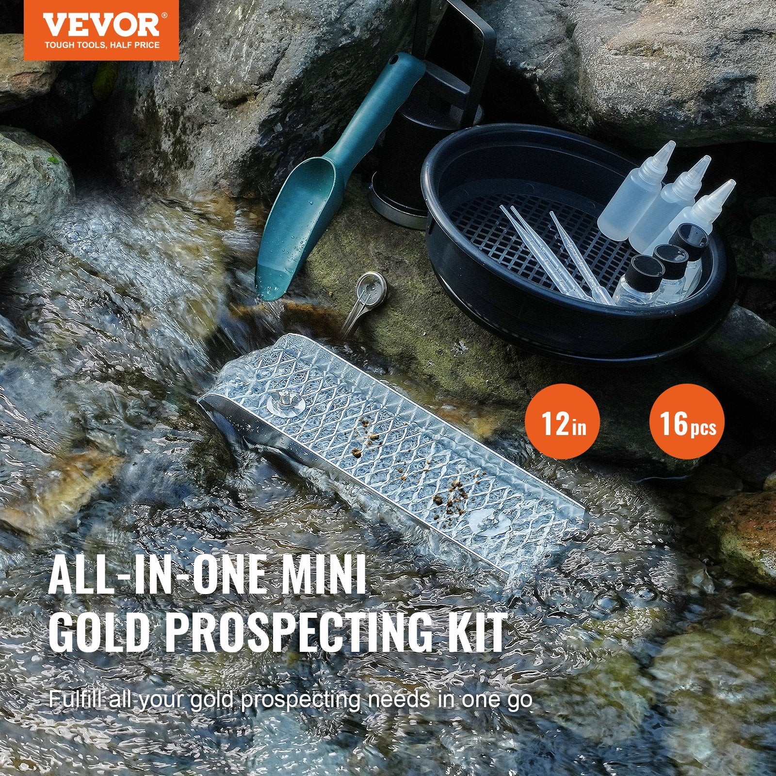 Gold Panning Kit With Mini Sluice Box, 12" Aluminum Gold Mining Equipment, 16 PCS Gold Prospecting Kit with V952-TJC12YC35YCL576TXV0