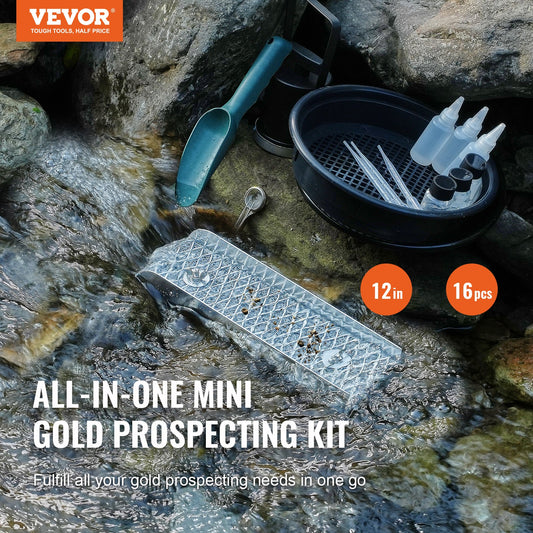 Gold Panning Kit With Mini Sluice Box, 12" Aluminum Gold Mining Equipment, 16 PCS Gold Prospecting Kit with V952-TJC12YC35YCL576TXV0